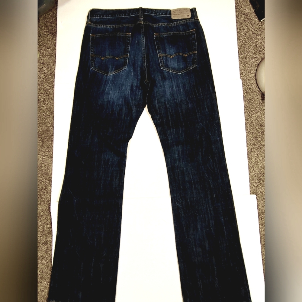 American Eagle Boot CutJeans, Men', Blue Denim, Pckts, Zip, Relaxed Fit 34W x35L
